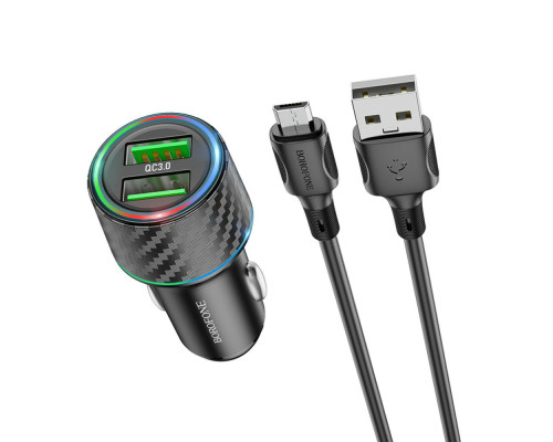 Автомобільний зарядний пристрій BOROFONE BZ21A Brilliant 36W dual port QC3.0 car charger set(Micro) Black