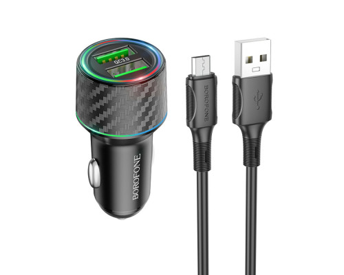 Автомобільний зарядний пристрій BOROFONE BZ21A Brilliant 36W dual port QC3.0 car charger set(Micro) Black