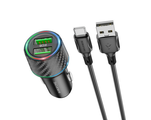 Автомобільний зарядний пристрій BOROFONE BZ21A Brilliant 36W dual port QC3.0 car charger set(Type-C) Black