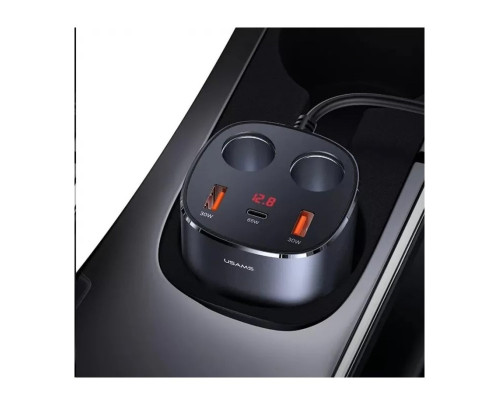 АЗП Usams US-CC151 C28 245W 2A+C 3 Ports + Dual Cigarette Lighters Digital Display Fast Car Charger Grey