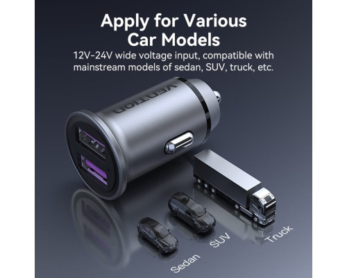 Автомобільний зарядний пристрій Vention Two-Port USB A+A(30/30) Car Charger Gray Mini Style Aluminium Alloy Type (FFEH0)