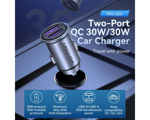 Автомобільний зарядний пристрій Vention Two-Port USB A+A(30/30) Car Charger Gray Mini Style Aluminium Alloy Type (FFEH0)