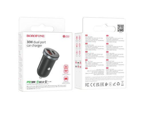 Автомобільний зарядний пристрій BOROFONE BZ22 Scenery dual port PD30W+QC3.0 car charger Black