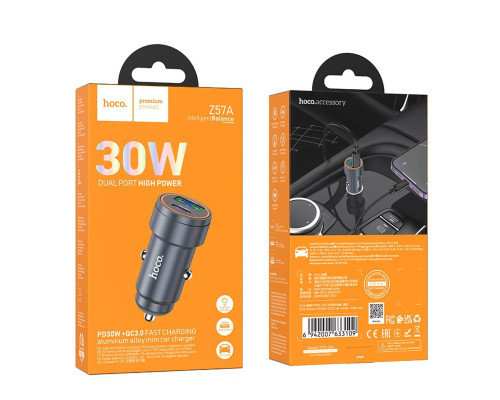 Автомобільний зарядний пристрій HOCO Z57A Glorious PD30W+QC3.0 car charger Metal Gray (6942007633109)