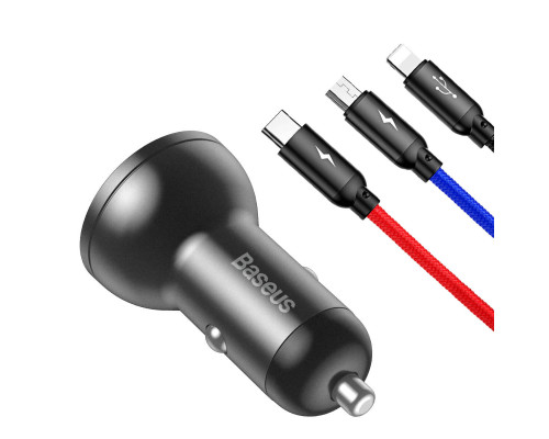 АЗП Baseus Digital Display Dual USB 4.8A Car Charger 24W+Three Primary Colors 3-in-1 Cable1.2M