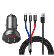 АЗП Baseus Digital Display Dual USB 4.8A Car Charger 24W+Three Primary Colors 3-in-1 Cable1.2M