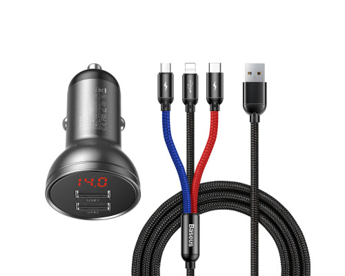 АЗП Baseus Digital Display Dual USB 4.8A Car Charger 24W+Three Primary Colors 3-in-1 Cable1.2M