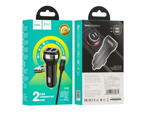 Автомобільний зарядний пристрій HOCO Z40 Superior dual port car charger set(iP) Black