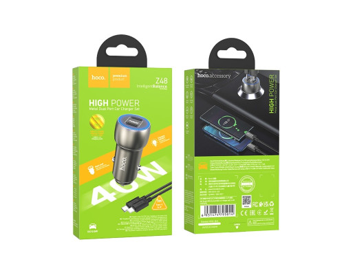 Автомобільний зарядний пристрій HOCO Z48 Tough 40W dual port(2C) car charger set(C to iP) Metal Gray