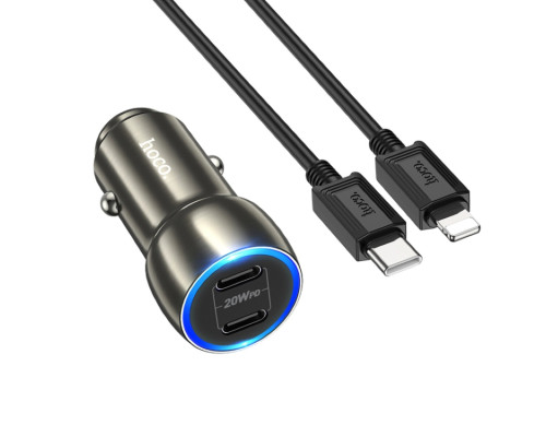 Автомобільний зарядний пристрій HOCO Z48 Tough 40W dual port(2C) car charger set(C to iP) Metal Gray