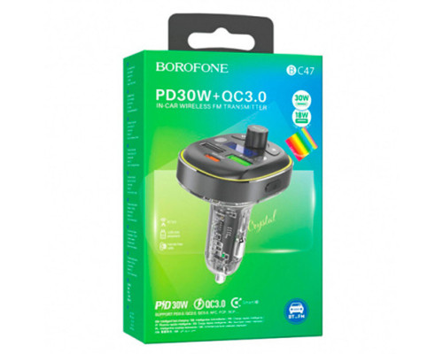 АЗП з FM-модулятором BOROFONE BC47 Might PD30W+QC3.0 car BT FM transmitter Jazz Metal Gray