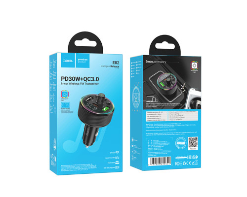 АЗП з FM-модулятором HOCO E82 Guerrero PD30W+QC3.0 car BT FM transmitter Black (6942007620642)