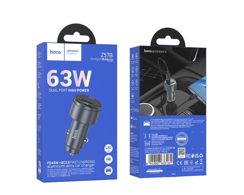 Автомобільний зарядний пристрій HOCO Z57B Glorious 63W dual-port digital display PD45W+QC3.0 car charger Metal Gray (6942007633161)