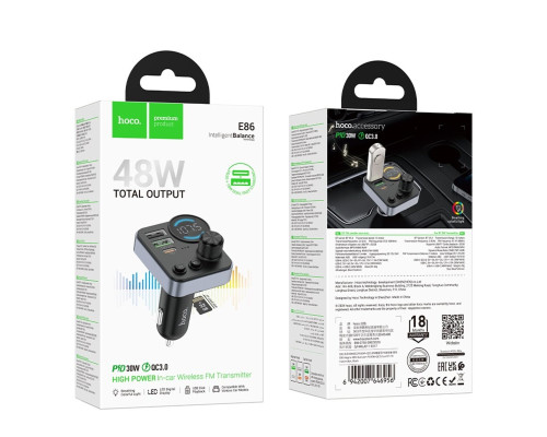 АЗП з FM-модулятором HOCO E86 Alegria 48W dual port PD30W+QC3.0 car BT FM transmitter Black (6942007646956)