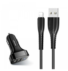 АЗП Usams Travel Car Charger Kit King Tu Series(U35 IP Cable 1M + C13 Dual USB Car Charger) Black