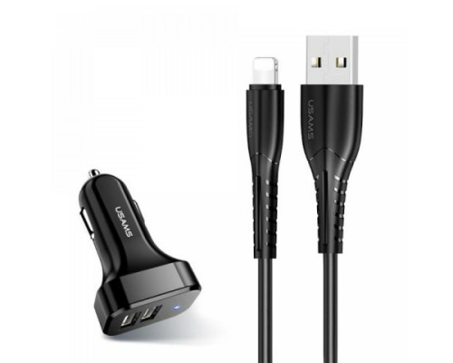 АЗП Usams Travel Car Charger Kit King Tu Series(U35 IP Cable 1M + C13 Dual USB Car Charger) Black