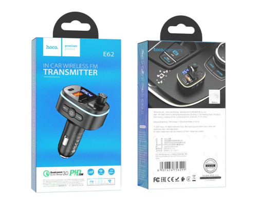 АЗП з FM-модулятором HOCO E62 Fast PD20W+QC3.0 car BT FM transmitter Black