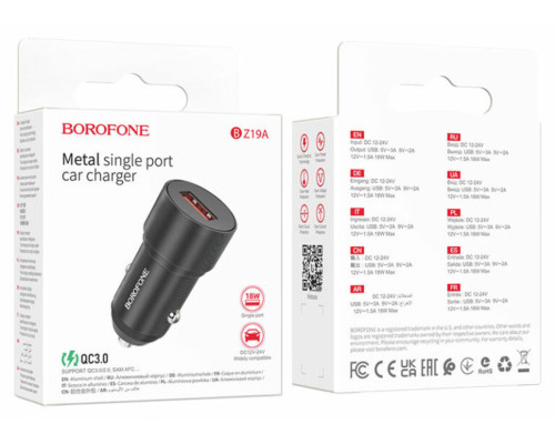 Автомобільний зарядний пристрій BOROFONE BZ19A Wisdom single port QC3.0 car charger 18W Black