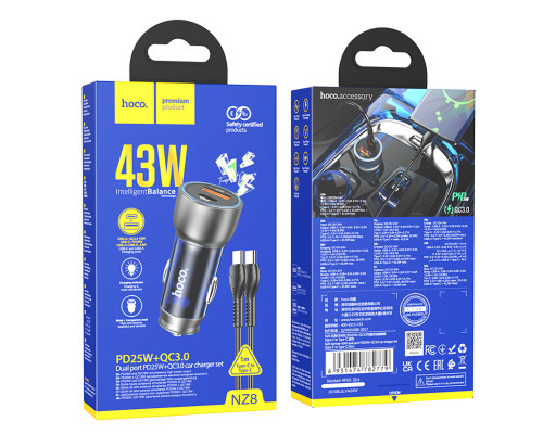 Автомобільний зарядний пристрій HOCO NZ8 Sprinter 43W dual port PD25W+QC3.0 car charger set(Type-C to Type-C) Blue