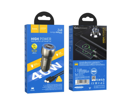 Автомобільний зарядний пристрій HOCO Z48 Tough 40W dual port(2C) car charger set(Type-C to Type-C) Metal Gray