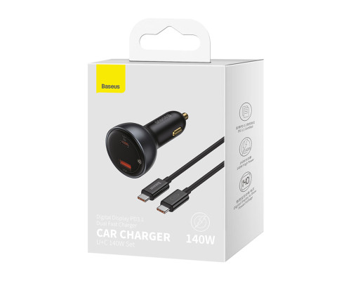 Автомобільний зарядний пристрій Baseus Digital Display PD3.1 Dual Fast Charger Car Charger U+C 140W Set Obsidian Black (With Superior Series Fast Char (CGZX070001)