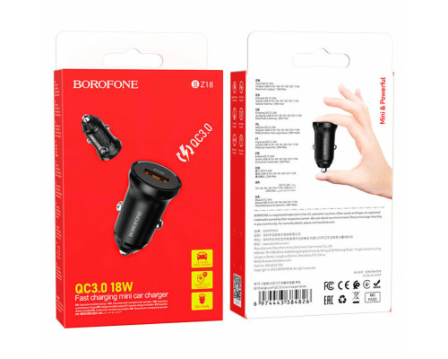 Автомобільний зарядний пристрій BOROFONE BZ18 single port QC3.0 car charger 18W Black