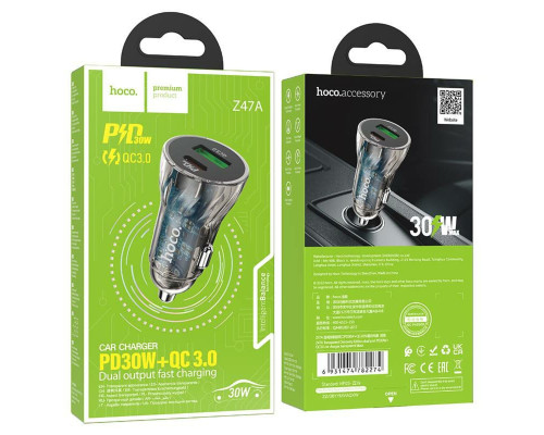 Автомобільний зарядний пристрій HOCO Z47A Transparent Discovery Edition dual port PD30W+QC3.0 car charger Transparent Black (6931474782274)