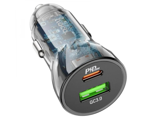 Автомобільний зарядний пристрій HOCO Z47A Transparent Discovery Edition dual port PD30W+QC3.0 car charger Transparent Black (6931474782274)