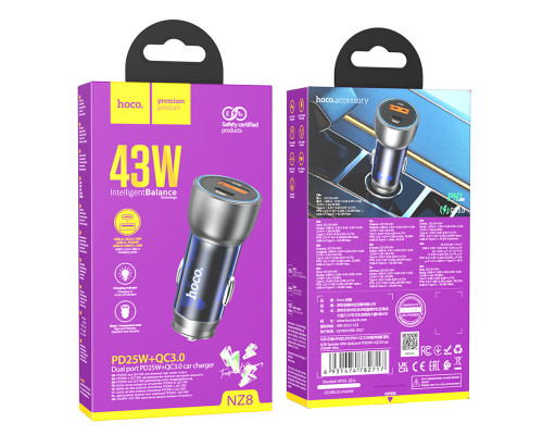 Автомобільний зарядний пристрій HOCO NZ8 Sprinter 43W dual port PD25W+QC3.0 car charger Blue