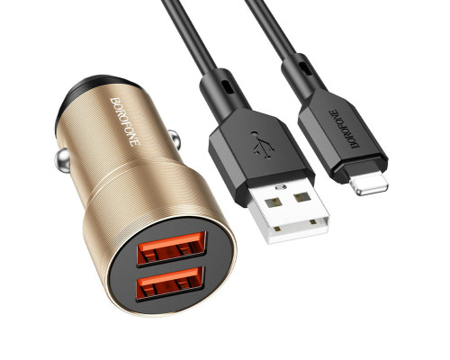 Автомобільний зарядний пристрій BOROFONE BZ19 Wisdom dual port car charger set(iP) Gold