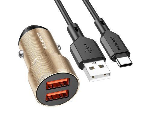 Автомобільний зарядний пристрій BOROFONE BZ19 Wisdom dual port car charger set(Type-C) Gold