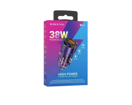 Автомобільний зарядний пристрій BOROFONE BZ20 Smart 38W dual port PD20W+QC3.0 car charger Transparent Purple