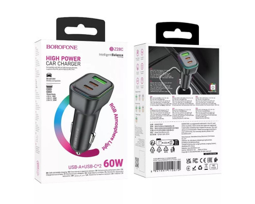 Автомобільний зарядний пристрій BOROFONE BZ28C Trophie PD60W(2C1A) car charger Black