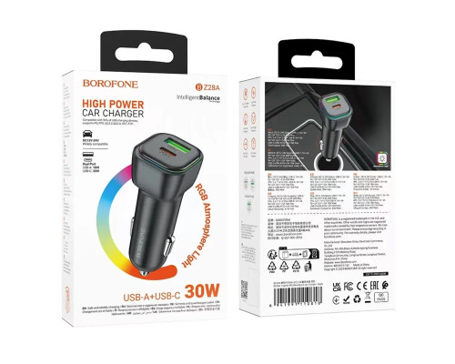 Автомобільний зарядний пристрій BOROFONE BZ28A Trophie PD30W+QC3.0 car charger Black (6941991110818)