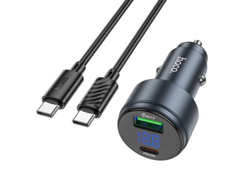 Автомобільний зарядний пристрій HOCO Z57B Glorious 63W dual-port digital display PD45W+QC3.0 car charger set (C to C) Metal Gray (6942007633185)