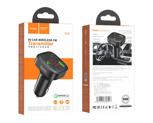 АЗП з FM-модулятором HOCO E59 Promise QC3.0 car BT FM transmitter 18W Black