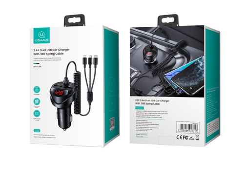 АЗП Usams US-CC119 C22 3.4A Dual USB Car Charger With 3IN1 Spring Cable Black