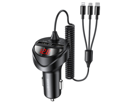 АЗП Usams US-CC119 C22 3.4A Dual USB Car Charger With 3IN1 Spring Cable Black