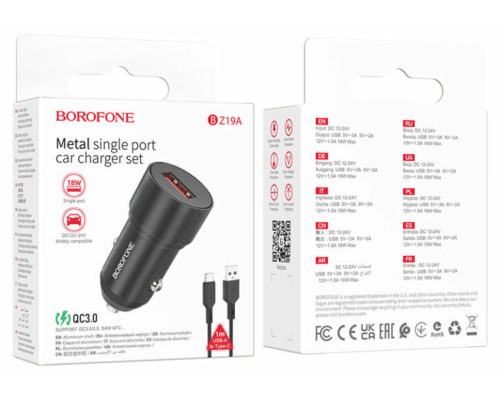 Автомобільний зарядний пристрій BOROFONE BZ19A Wisdom single port QC3.0 car charger set(Type-C) 18W Black