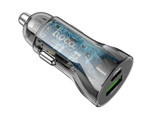 Автомобільний зарядний пристрій HOCO Z47A Transparent Discovery Edition dual port PD30W+QC3.0 car charger set(C to iP) Transparent Black