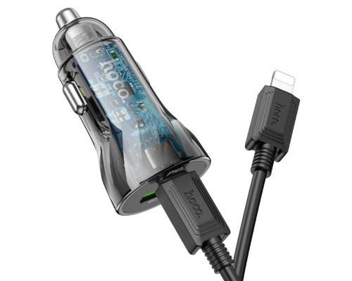 Автомобільний зарядний пристрій HOCO Z47A Transparent Discovery Edition dual port PD30W+QC3.0 car charger set(C to iP) Transparent Black