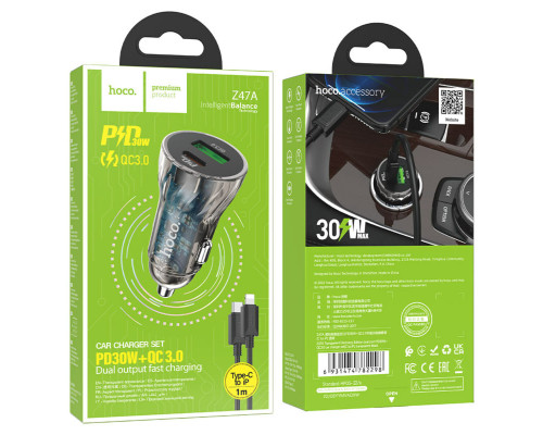 Автомобільний зарядний пристрій HOCO Z47A Transparent Discovery Edition dual port PD30W+QC3.0 car charger set(C to iP) Transparent Black