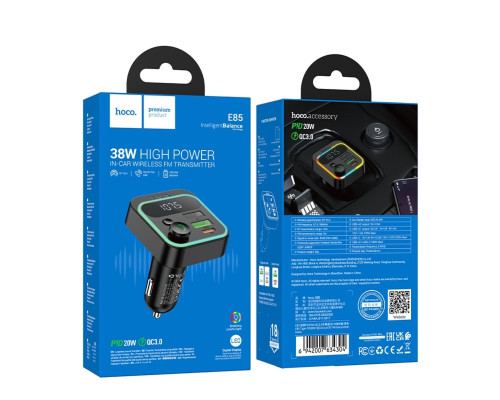 АЗП з FM-модулятором HOCO E85 Tiger PD20W+QC3.0 car BT FM transmitter Black (6942007634304)