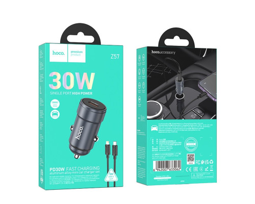 Автомобільний зарядний пристрій HOCO Z57 Glorious single-port PD30W car charger set (C to iP) Metal Gray (6942007633062)