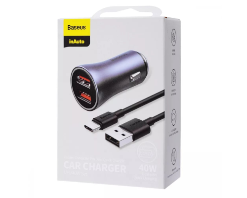 АЗП Baseus Golden Contactor Pro 40W 3A 2USB-A з кабелем Type-C dark-gray PLS-00-00106809