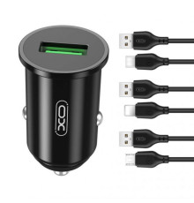 Автомобільний зарядний пристрій (адаптер) 2в1 XO TZ12 1USB / QC3.0 / 3A / 18W + Data Cabel USB to Lightning black