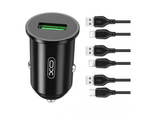 Автомобільний зарядний пристрій (адаптер) 2в1 XO TZ12 1USB / QC3.0 / 3A / 18W + Data Cabel USB to Lightning black