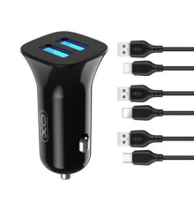 Автомобільний зарядний пристрій (адаптер) 2в1 XO TZ10 2USB / 2.4A / 12W + Data Cabel USB to Type-C black