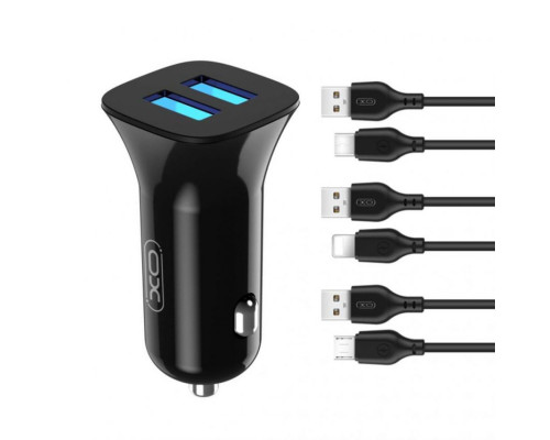 Автомобільний зарядний пристрій (адаптер) 2в1 XO TZ10 2USB / 2.4A / 12W + Data Cabel USB to Type-C black