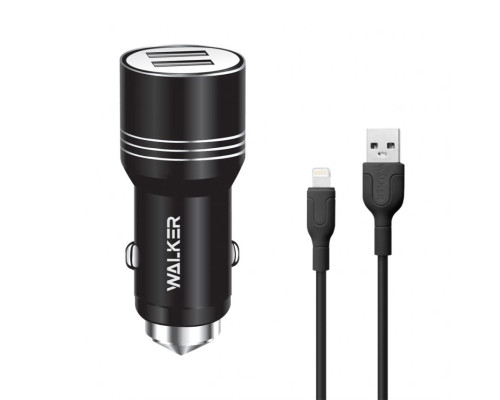 Автомобільний зарядний пристрій (адаптер) 2в1 WALKER WCR-21 2USB 1.0А / 2.4A + Data Cabel USB to Lightning black